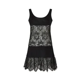 1960s Gerald McCann Black Satin and Floral Lace Cutout Dress