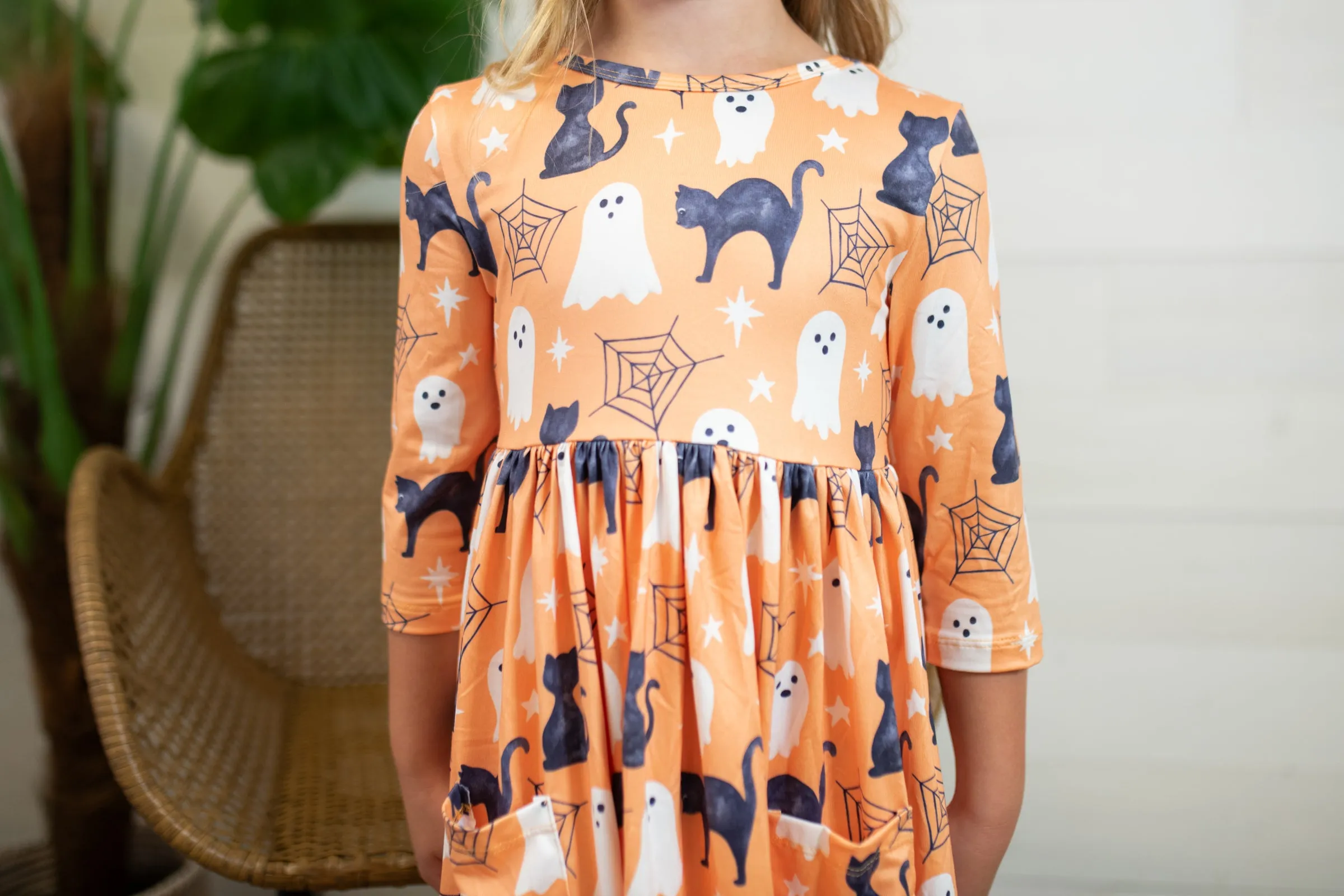 Spooky Kitty 3/4 Sleeve Pocket Twirl Dress for Fun Halloween Fashion