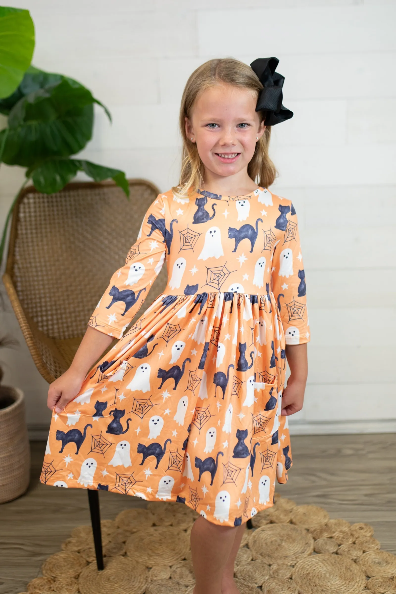 Spooky Kitty 3/4 Sleeve Pocket Twirl Dress for Fun Halloween Fashion