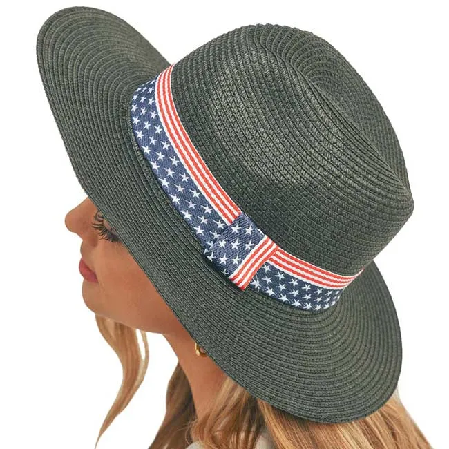 American USA Flag Band Panama Straw Sun Hat