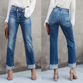 ASYMMETRICAL HIGH-WAIST FRAYED DENIM ANKLE PANTS