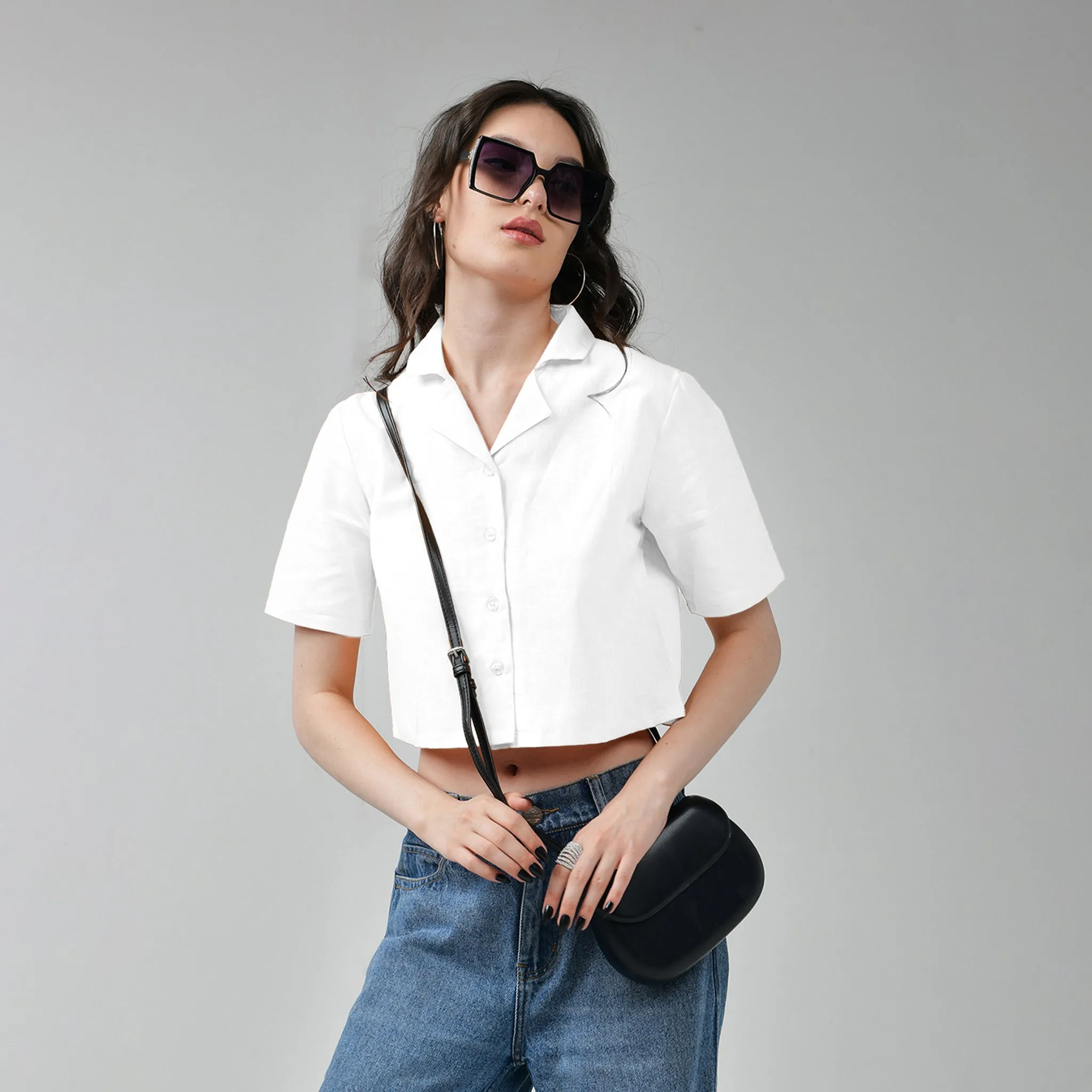 Baggy Jeans  & White Crop Linen Shirts For Women