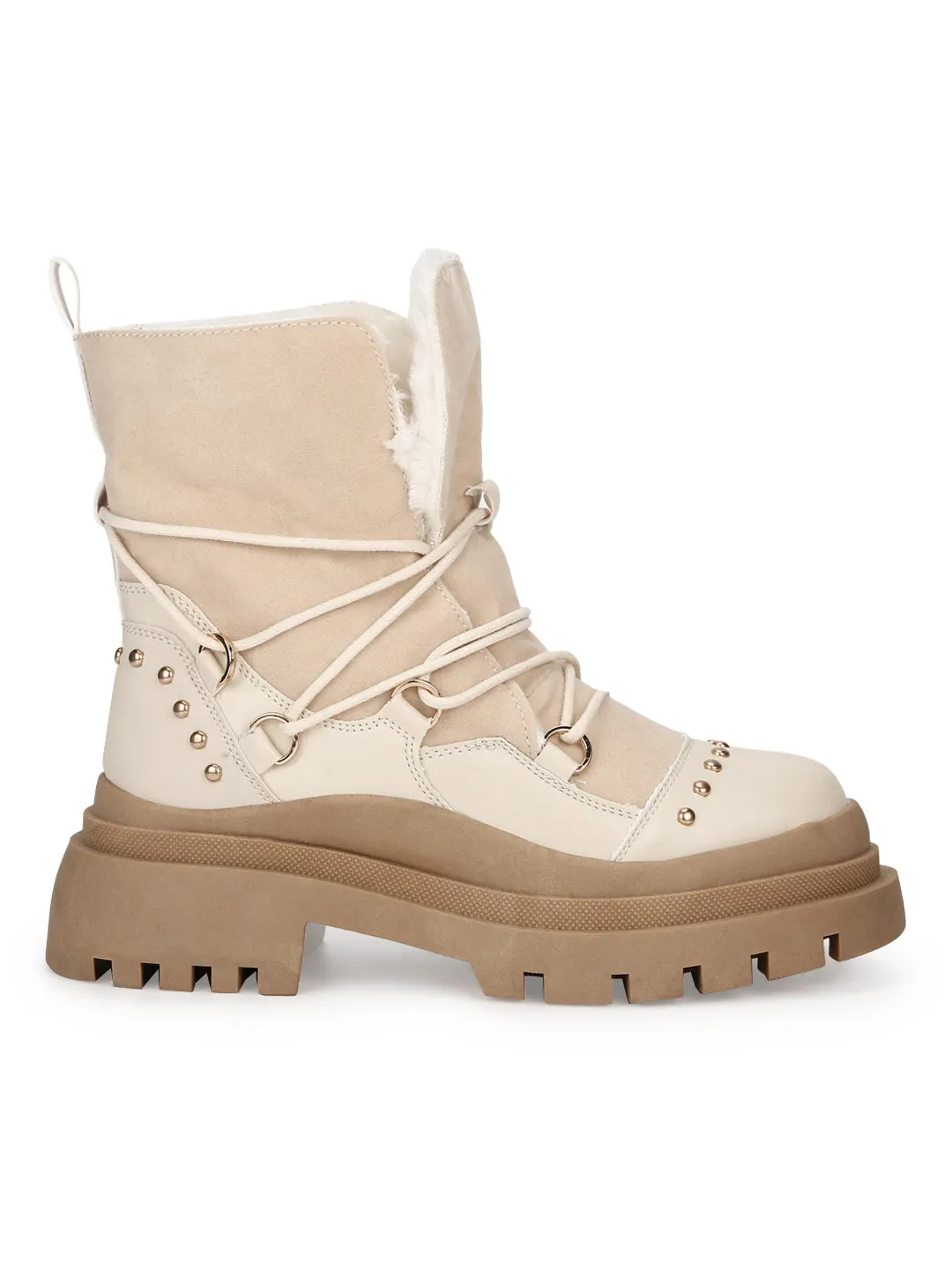 Beige PU Lace Up Snow Fur Boots