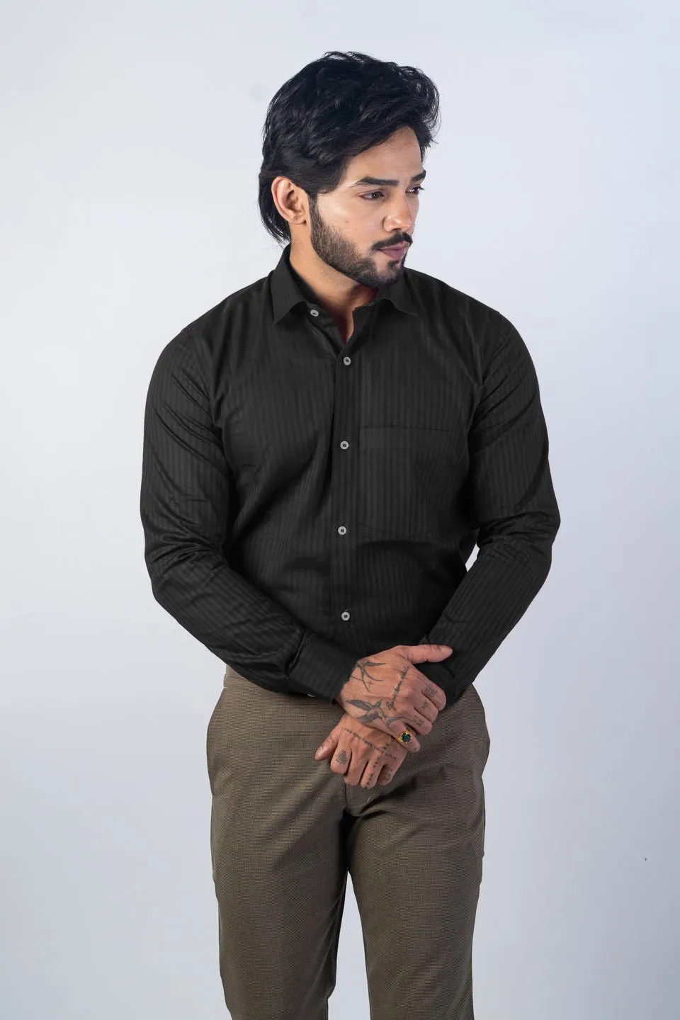 Black Color vertical Cotton stripe Shirt For Men