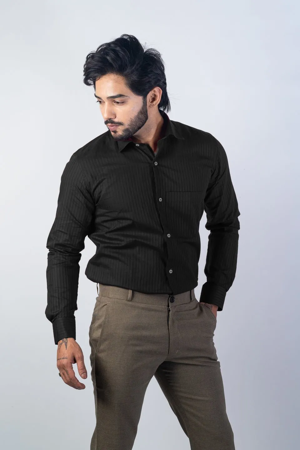 Black Color vertical Cotton stripe Shirt For Men