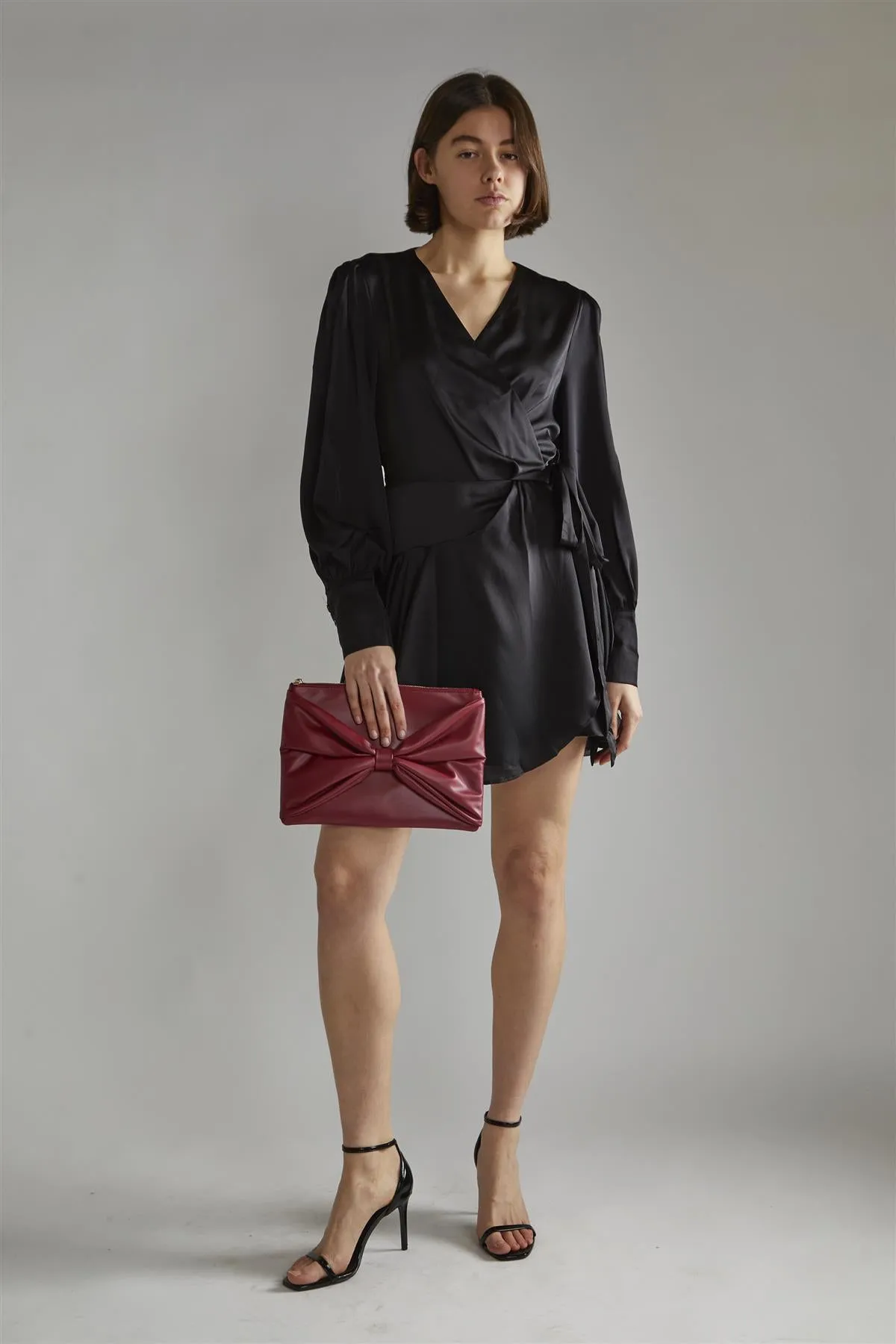 Black-Satin Wrap Mini-Dress