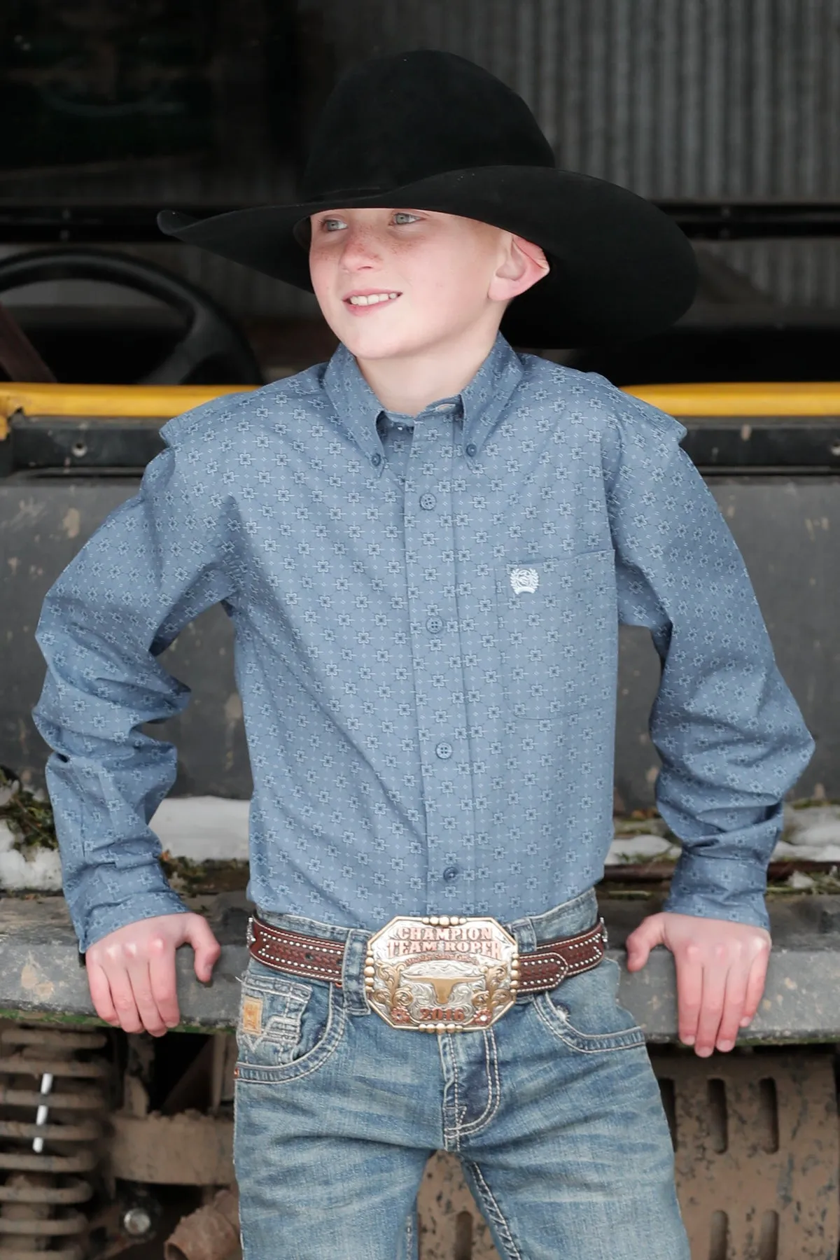 BOYS LIGHT BLUE PRINT BUTTON LONG SLEEVE SHIRT