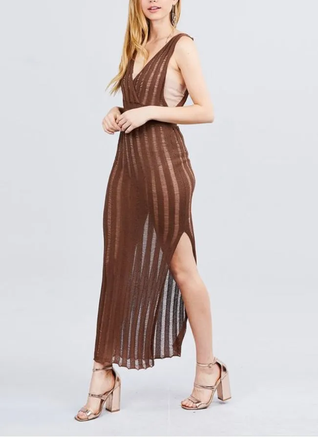 BROWN SLEEVELESS V NECK LONG KNIT DRESS