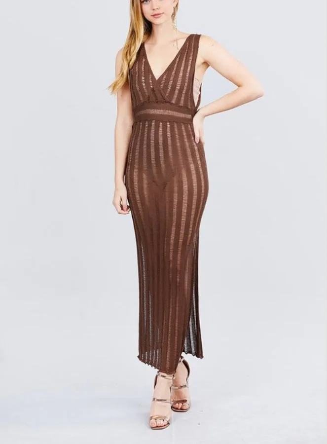 BROWN SLEEVELESS V NECK LONG KNIT DRESS