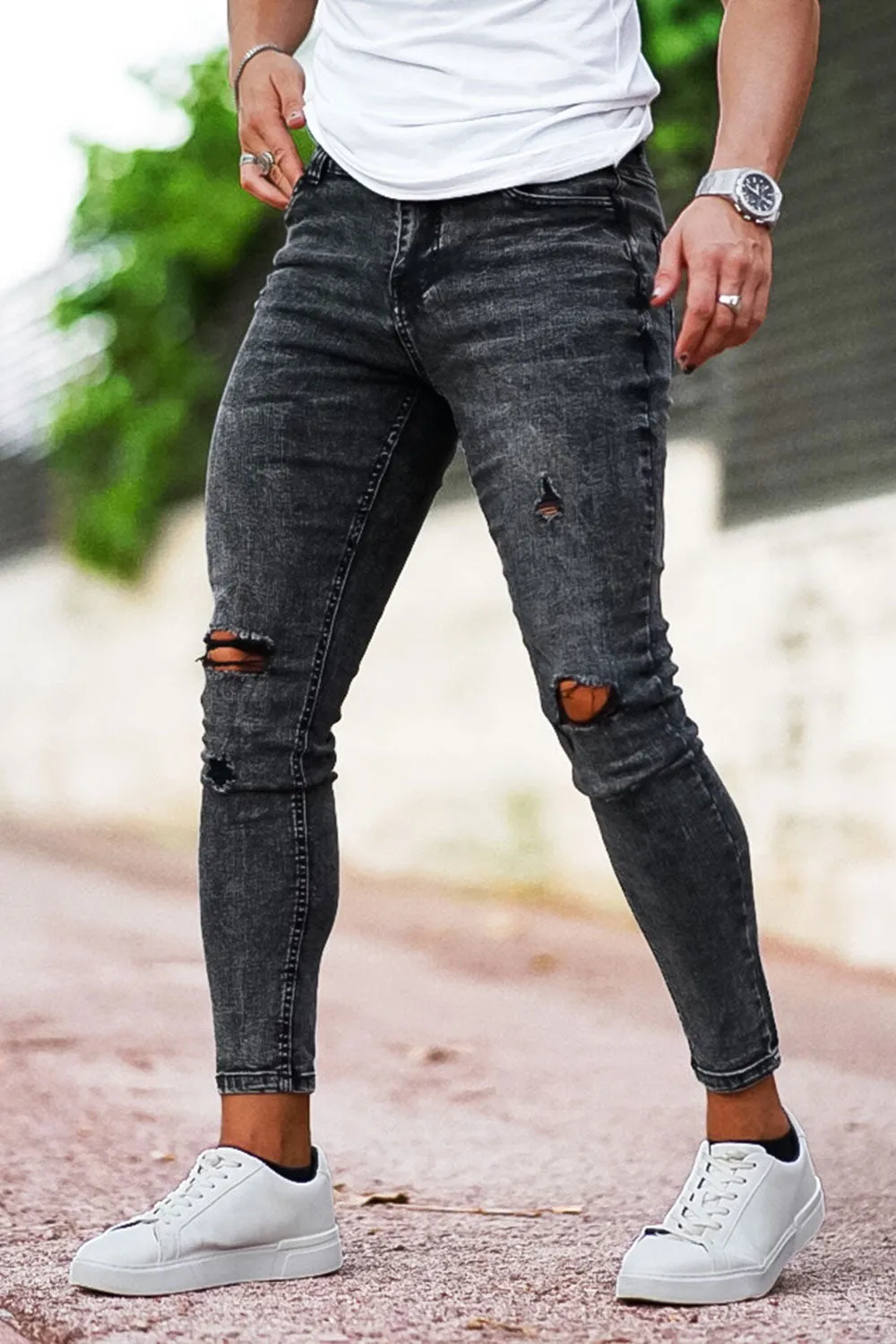 Buy $80 Free Shipping Men's Dark Gray Ripped Jean