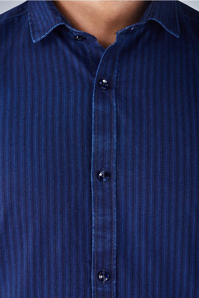 Casual Shirts for Men - Men Stripes Cotton Shirt Blue