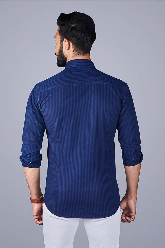 Casual Shirts for Men - Men Stripes Cotton Shirt Blue