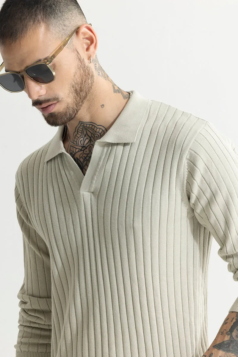 Chunky Ribbed Knitted Cream Polo T-Shirt