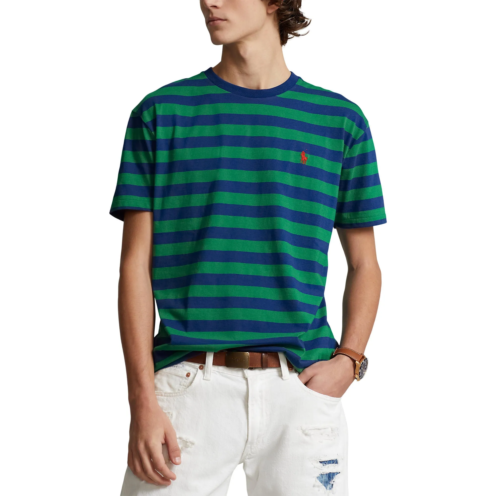 Classic Fit Jersey Crewneck T-Shirt - Stripe - Green & Blue