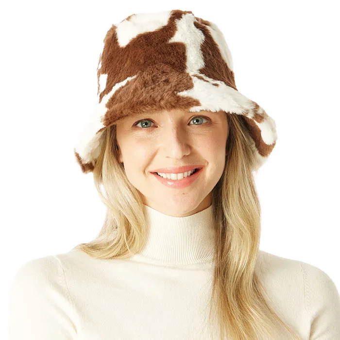 Cow Patterned Faux Fur Bucket Hat