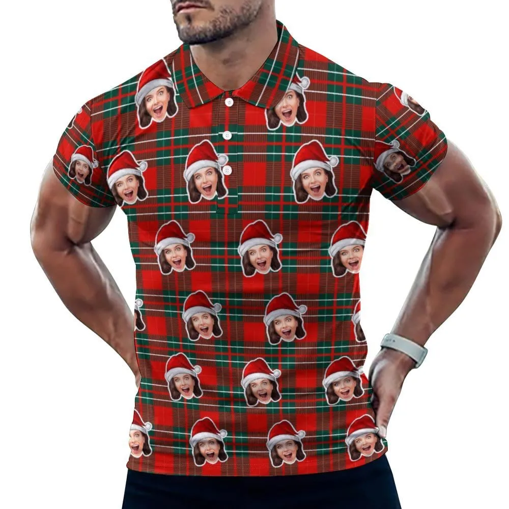 Custom Face Red Merry Christmas All Over Print Polo Shirt Personalized Men's Golf Shirt