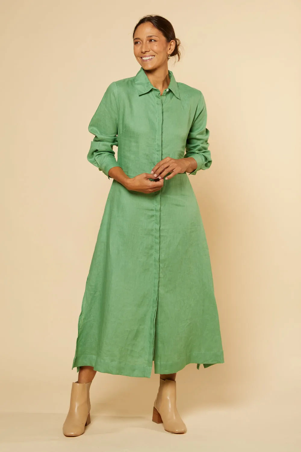 Gracie Long Sleeve Linen Dress in Jadesheen