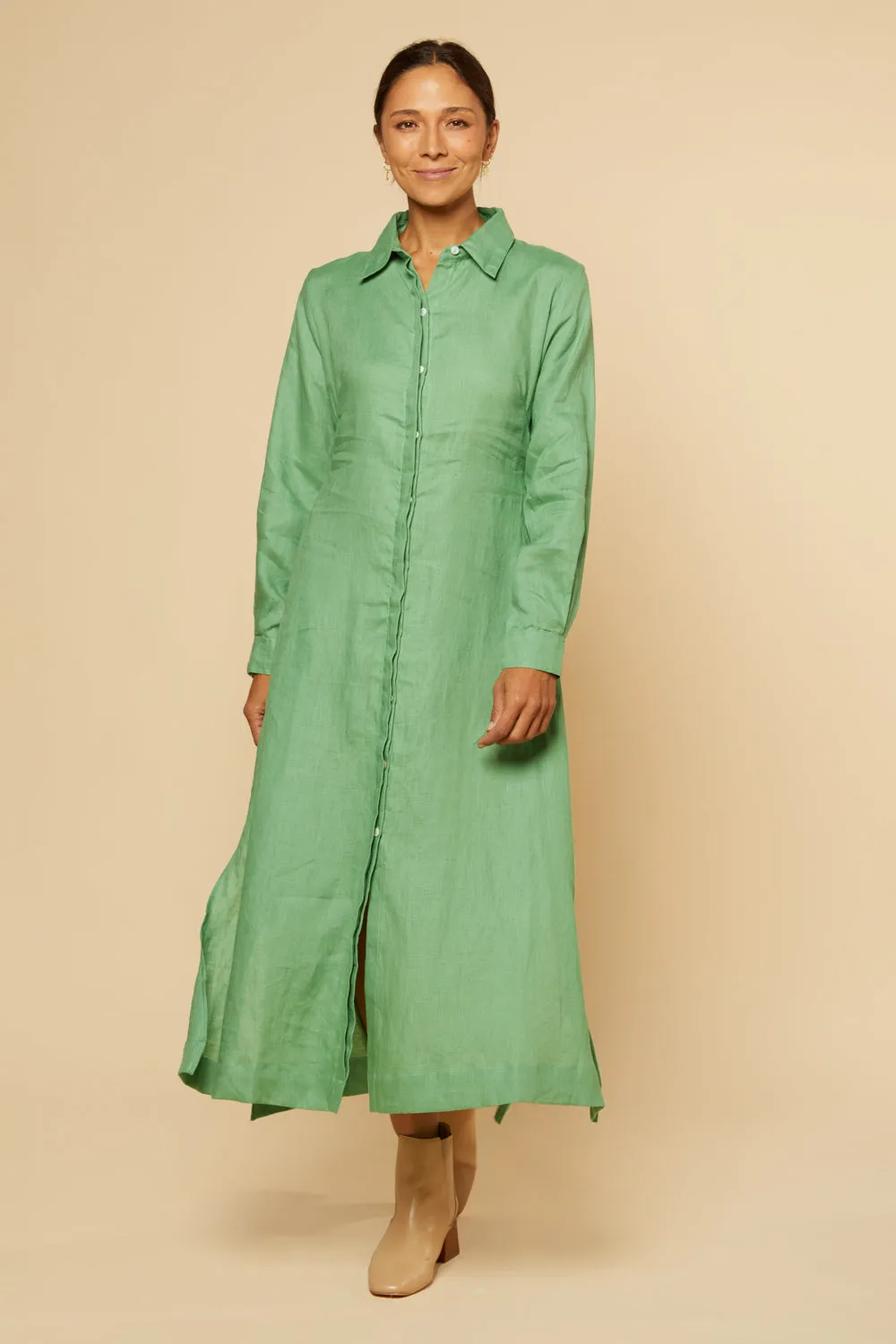 Gracie Long Sleeve Linen Dress in Jadesheen