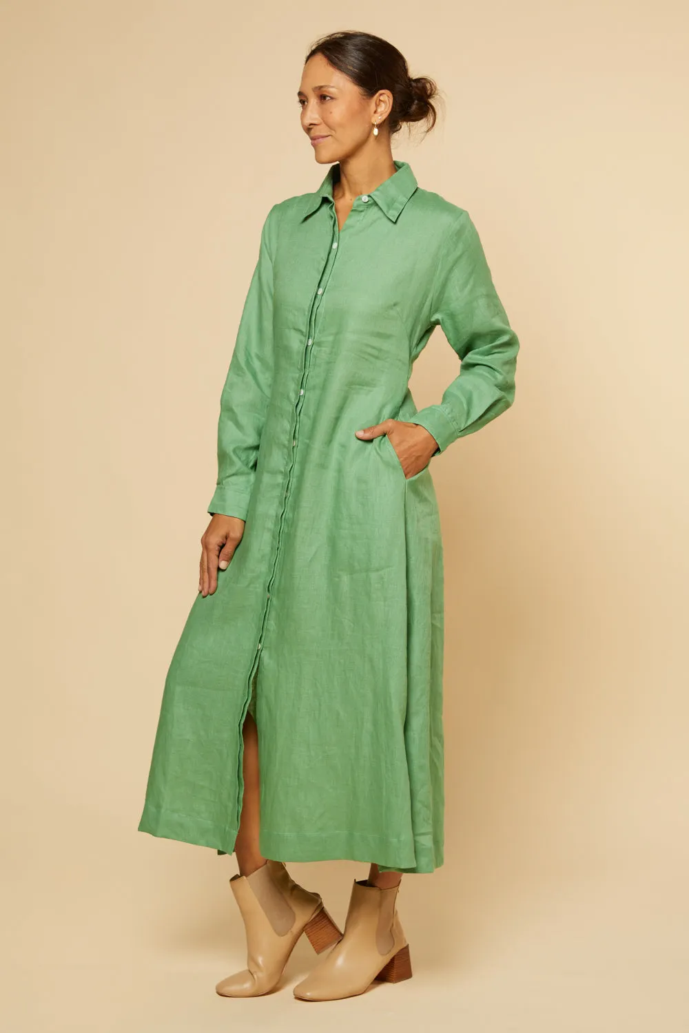 Gracie Long Sleeve Linen Dress in Jadesheen