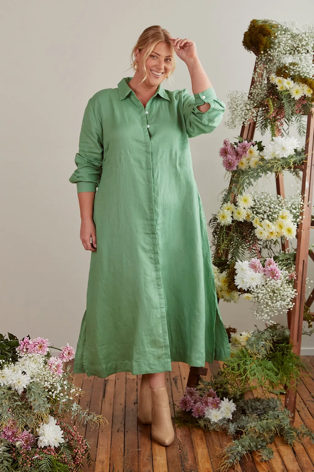 Gracie Long Sleeve Linen Dress in Jadesheen