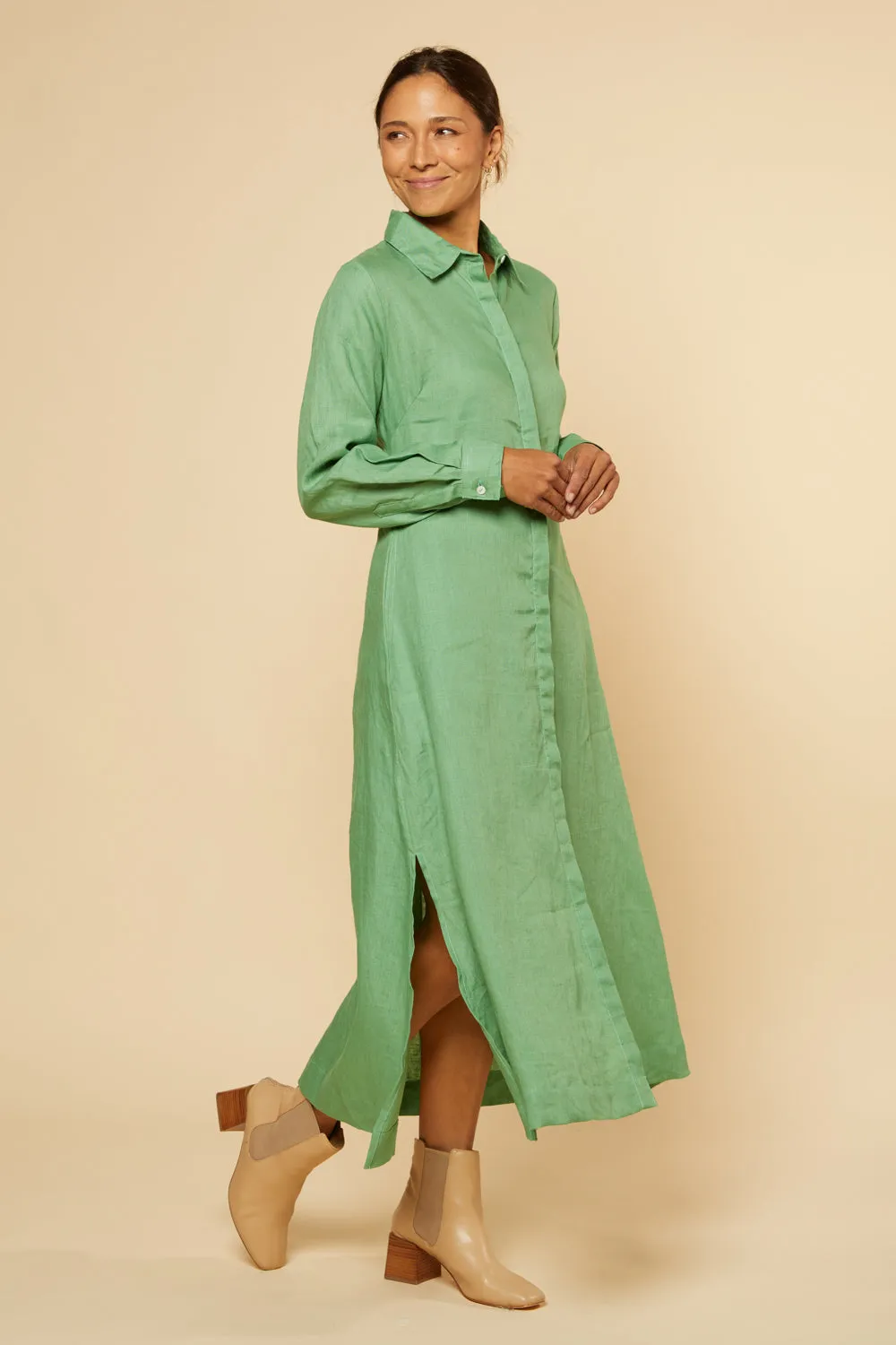 Gracie Long Sleeve Linen Dress in Jadesheen