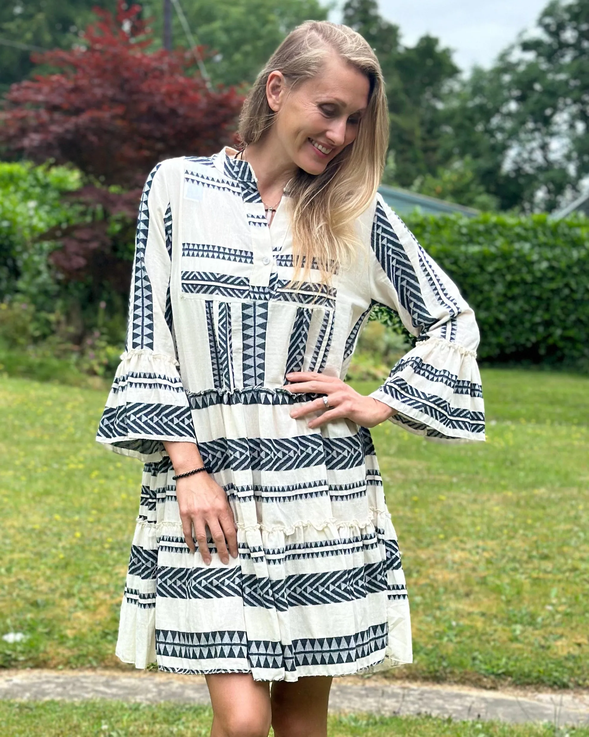 Jacquard Print Tiered Dress - Navy And Cream