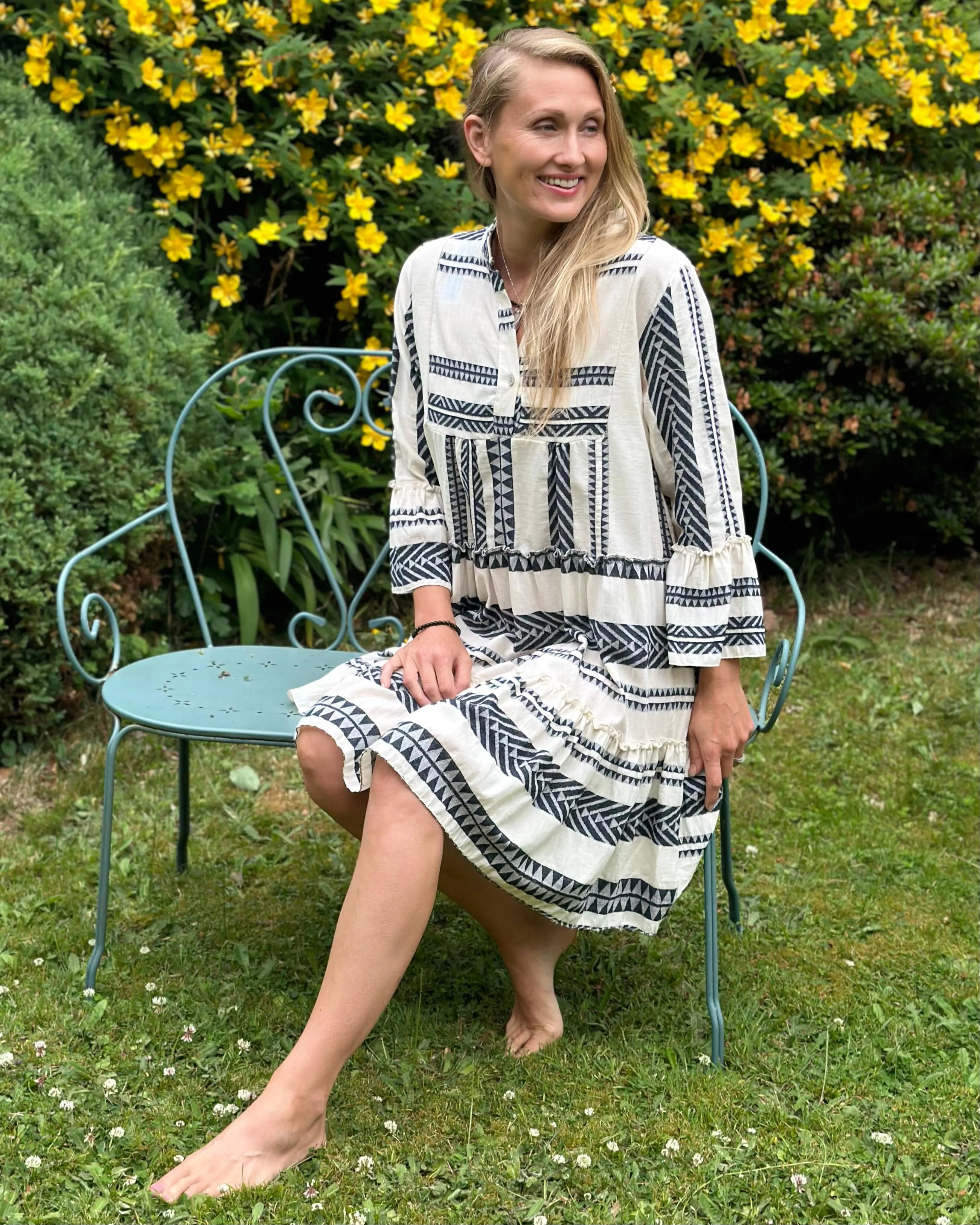 Jacquard Print Tiered Dress - Navy And Cream