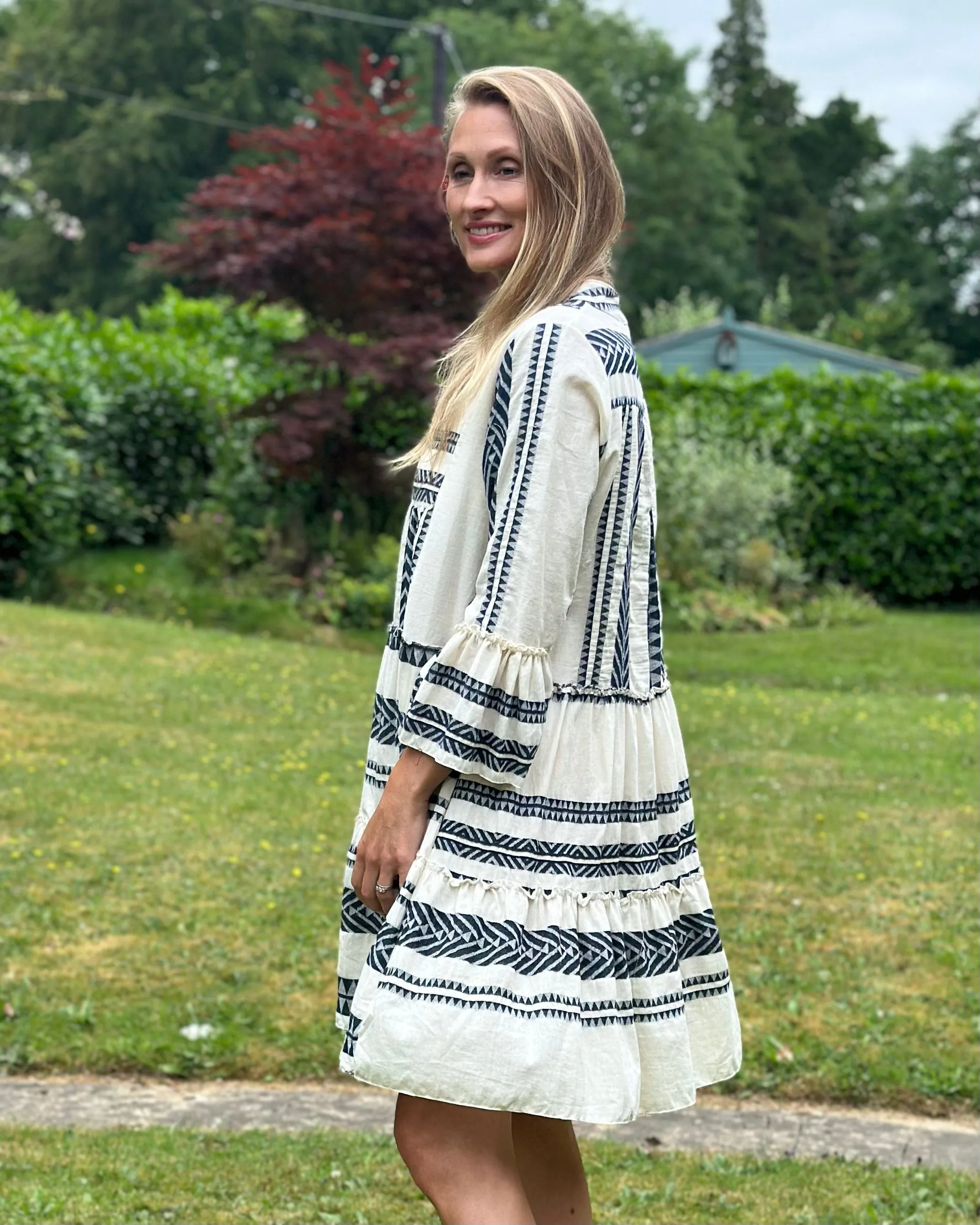 Jacquard Print Tiered Dress - Navy And Cream