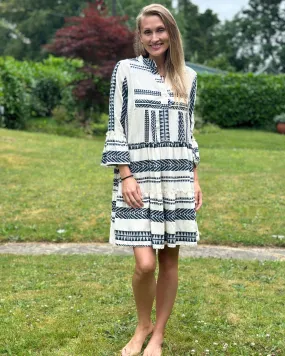 Jacquard Print Tiered Dress - Navy And Cream