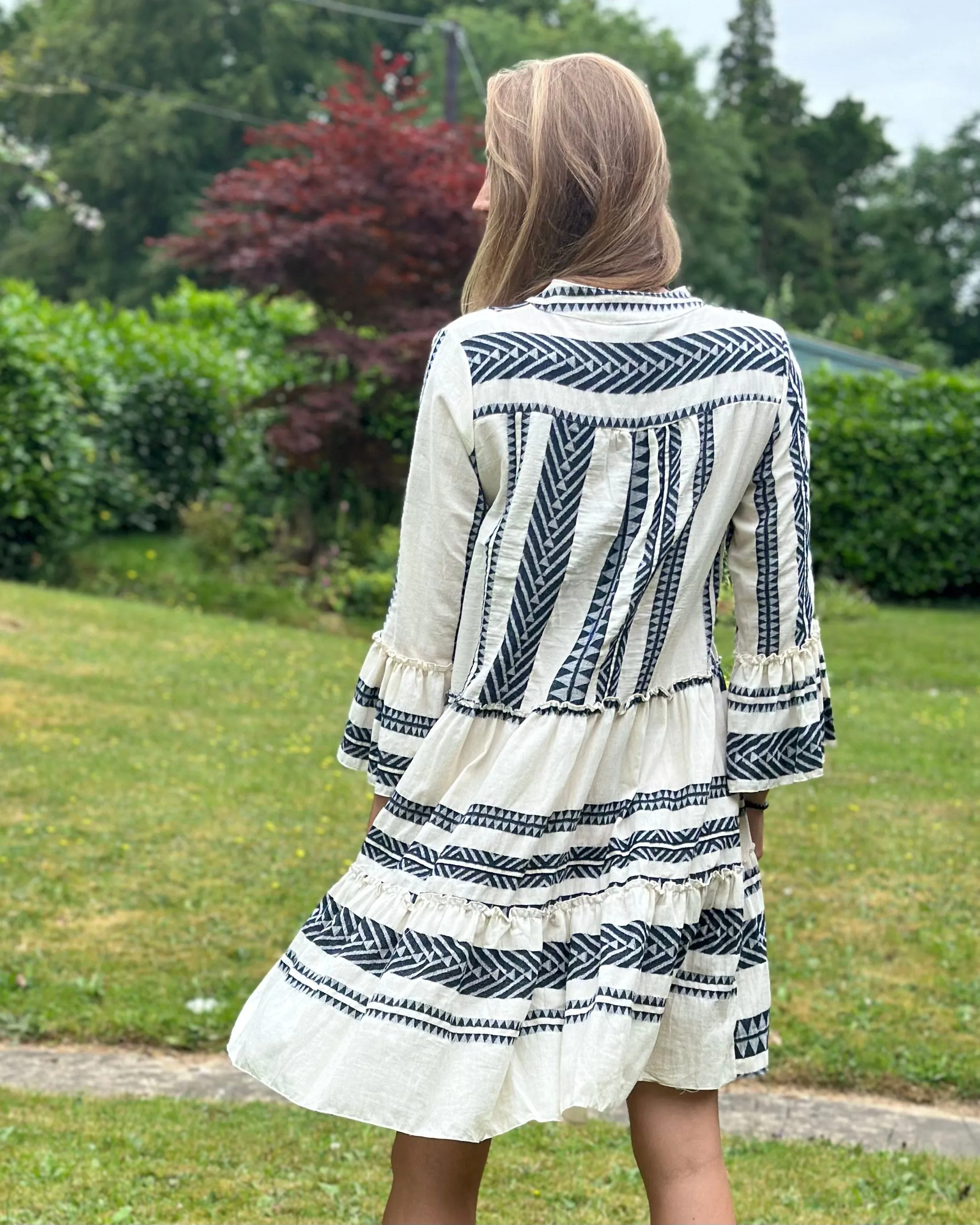 Jacquard Print Tiered Dress - Navy And Cream