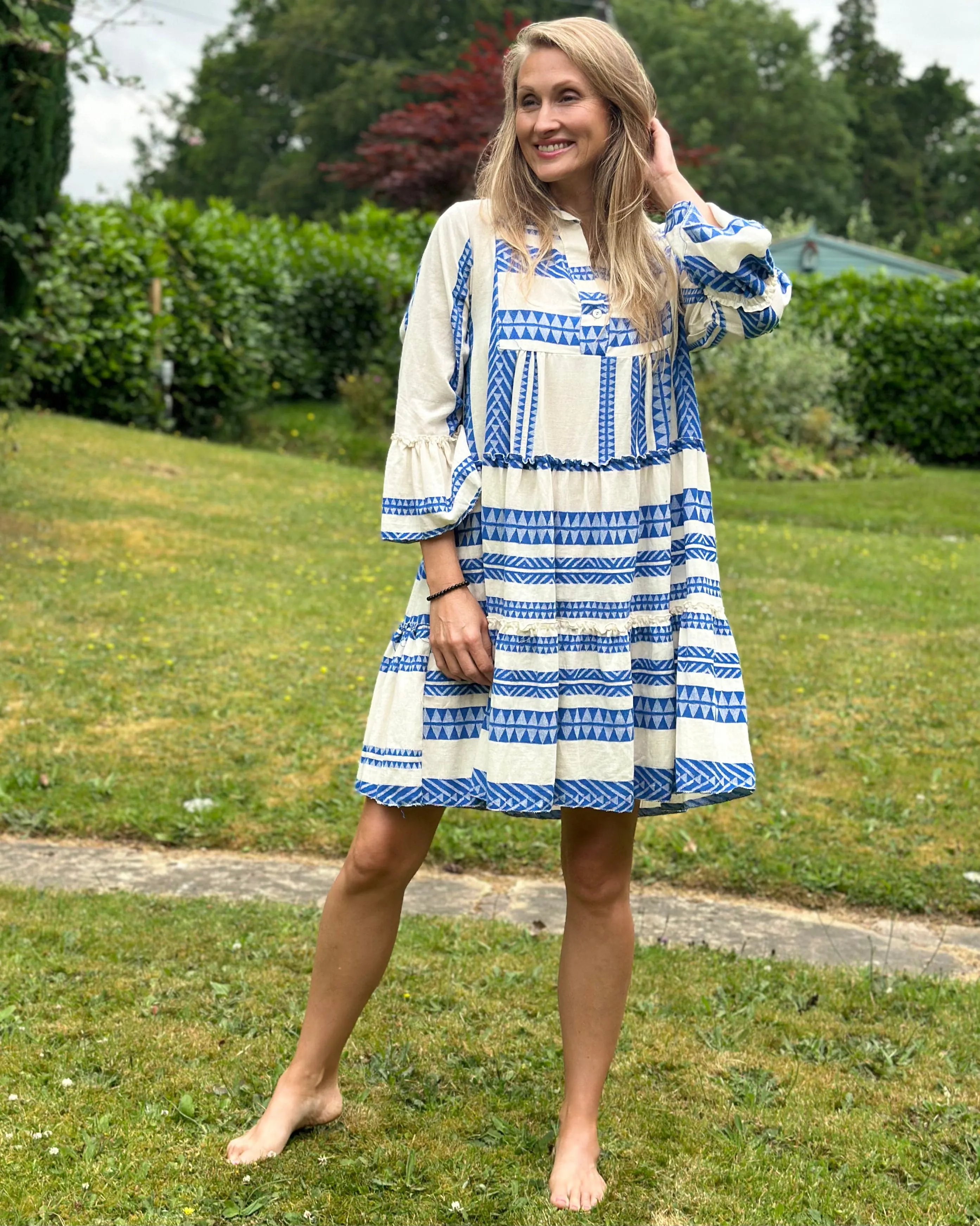 Jacquard Print Tiered Dress - Royal Blue And Cream