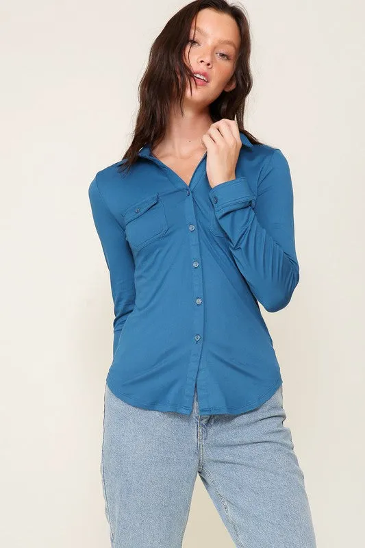 Long Sleeve Brushed Knit Collared Top