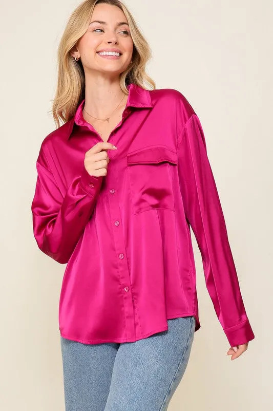 Long Sleeve Satin Button Down Blouse