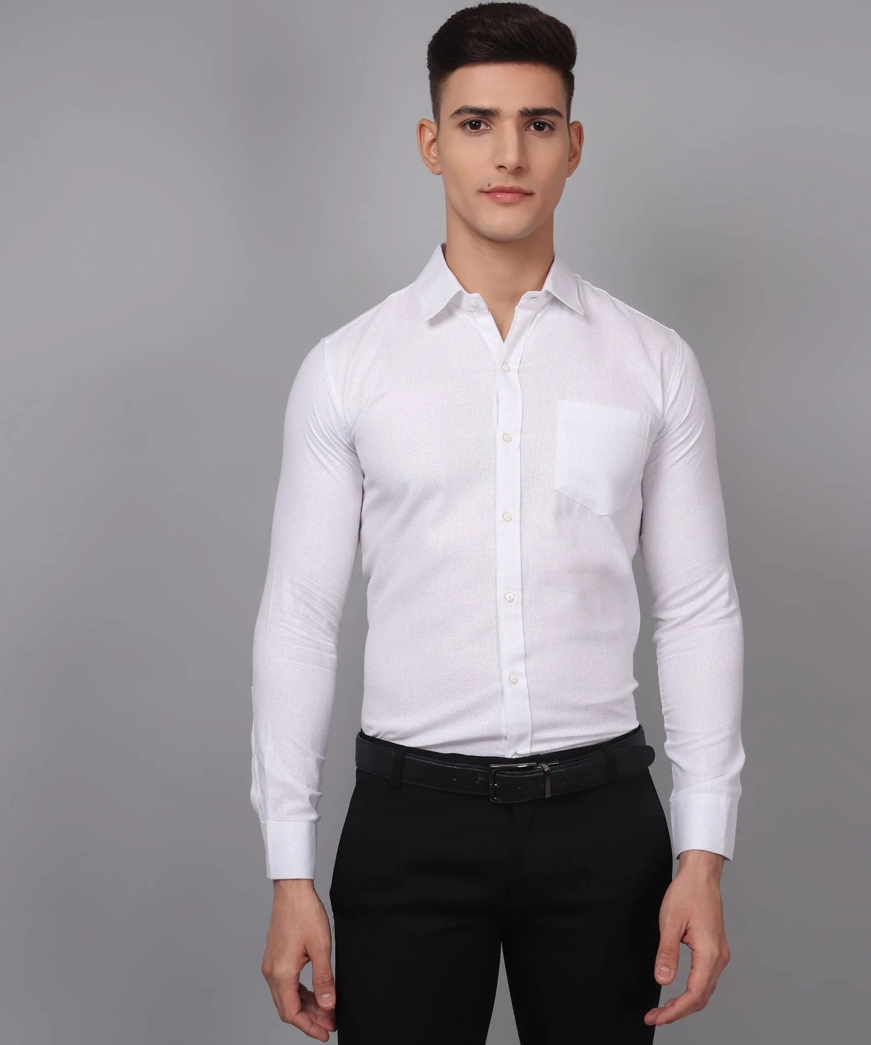 Luxe TryBuy Premium White Cotton Solid Button-Up Shirt For Men