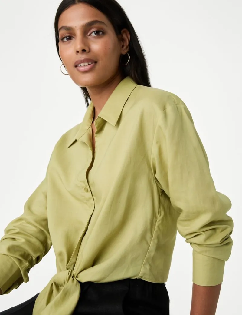 Lyocell Rich Tie Front Shirt with Linen