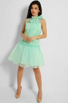 Mint Pussy Bow Organza Puff Dress