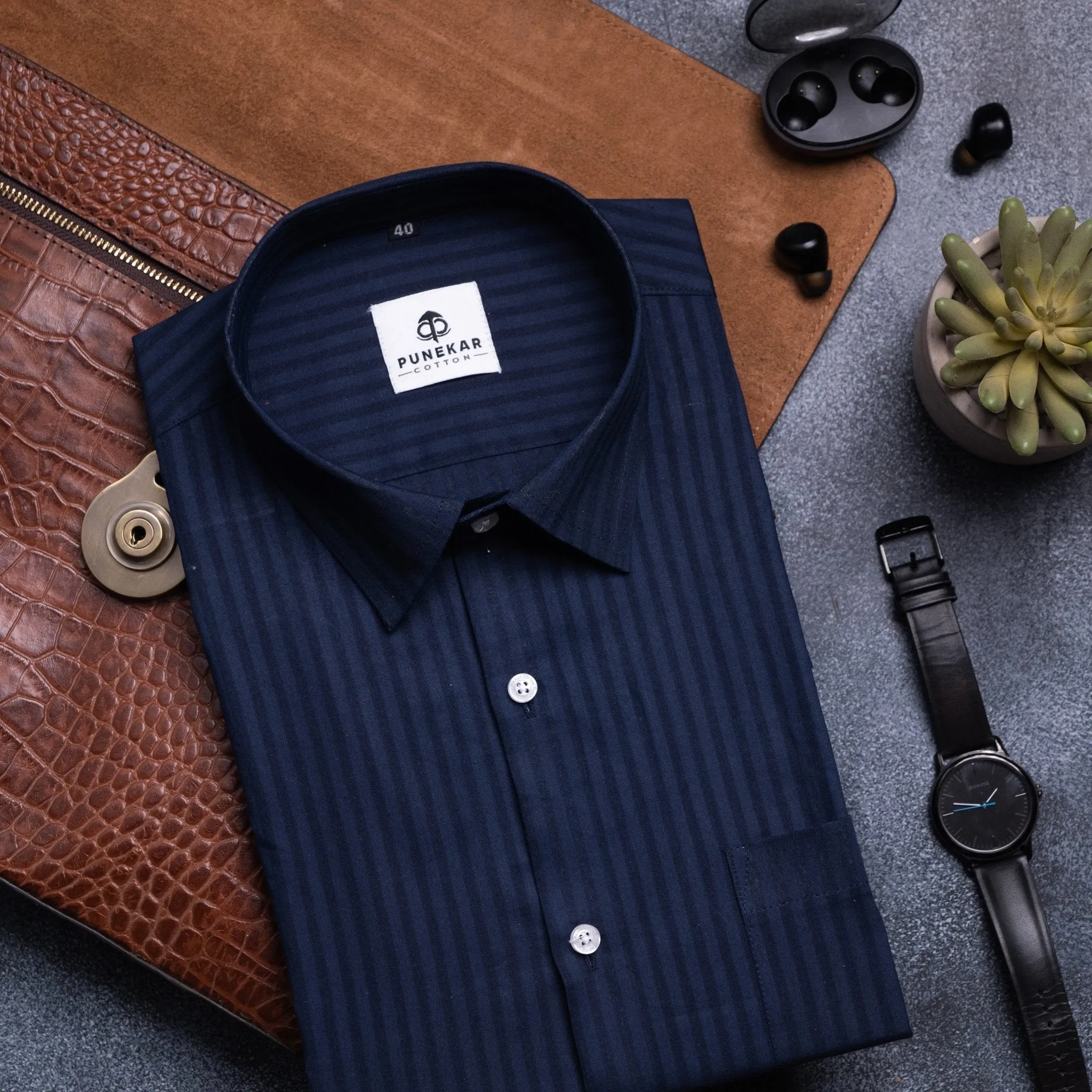 Navy Blue Color vertical Cotton stripe Shirt For Men