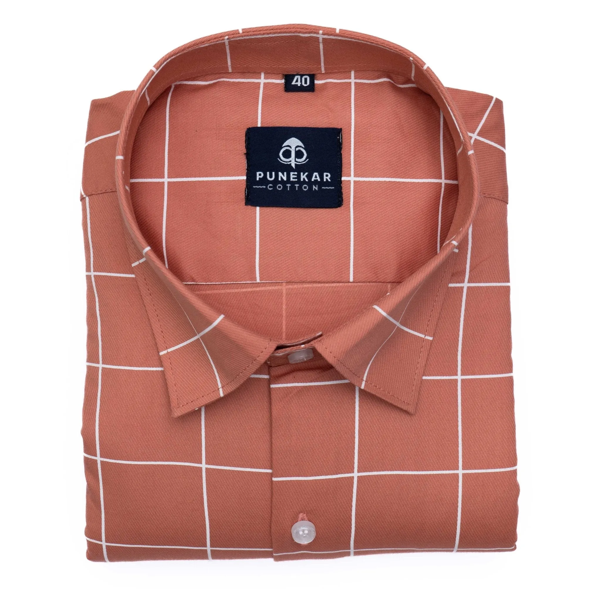 Orange Peach Color Big Checks Cotton Shirts For Men