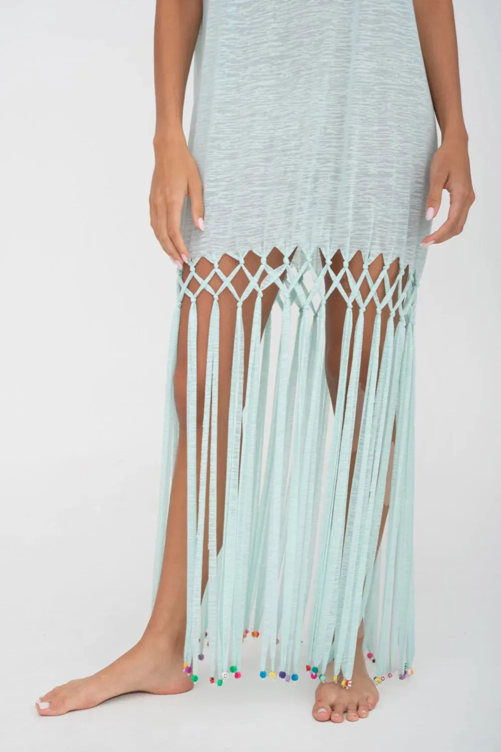 PITUSA Beaded Fringe T-Shirt Dress Aqua