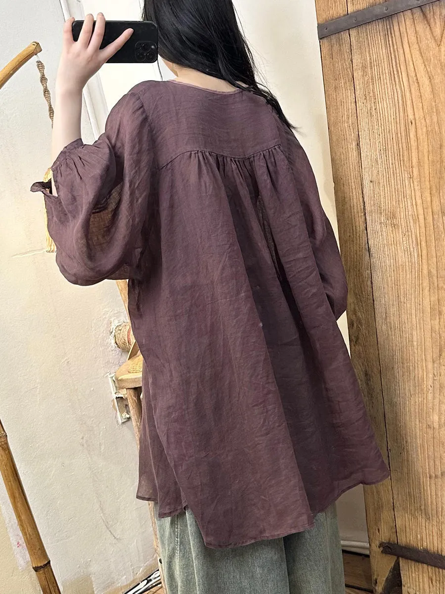 Plus Size Women Spring Solid Loose Ramie Long Shirt KL1020