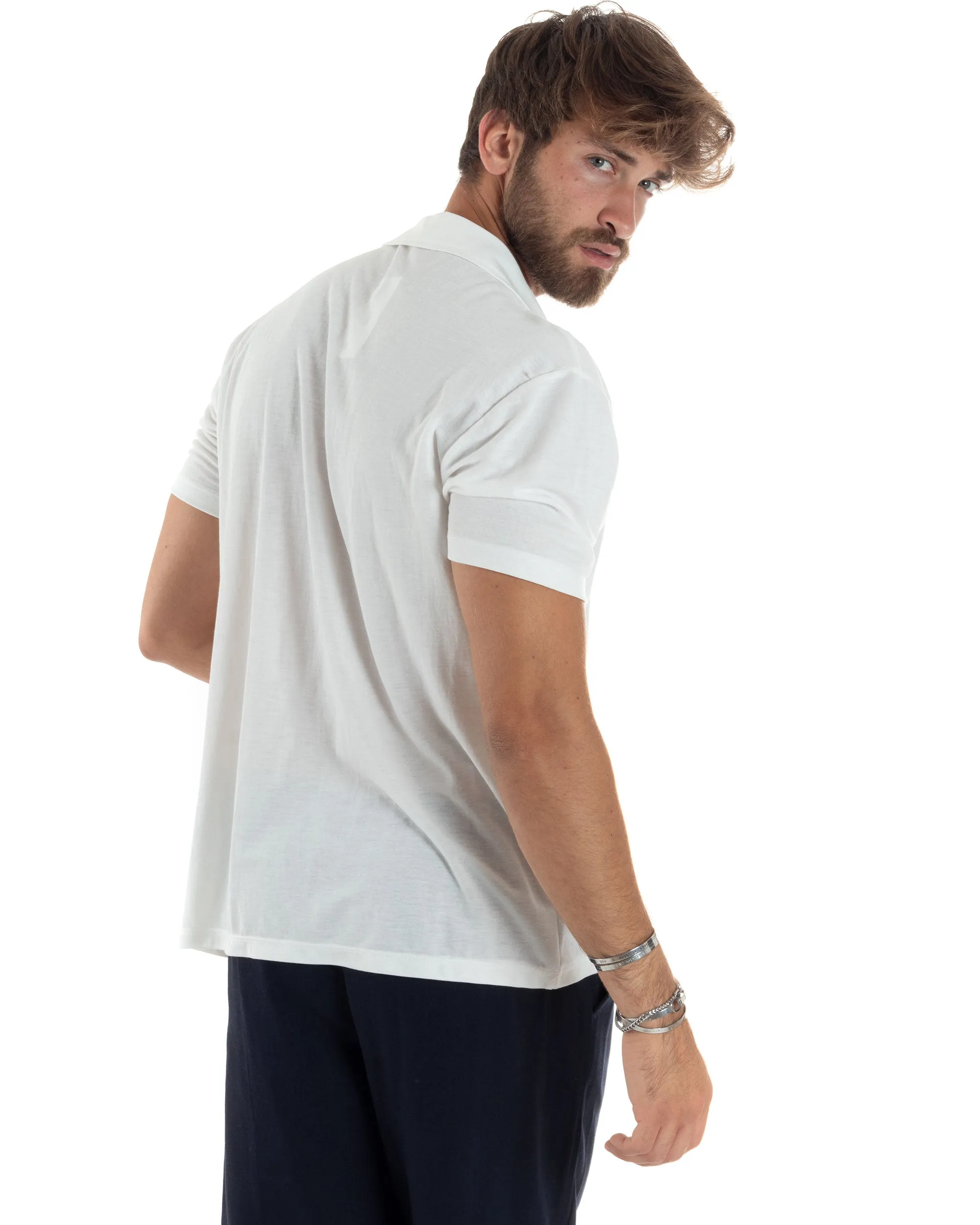 Polo Mezze Maniche Uomo Basic Scollo A V T-Shirt Con Colletto Tinta Unita Bianco GIOSAL-TS3071A