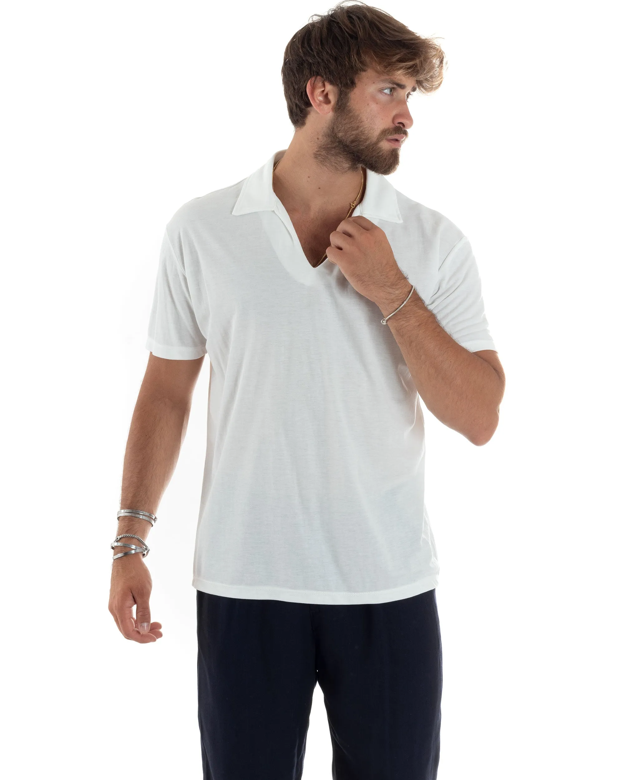 Polo Mezze Maniche Uomo Basic Scollo A V T-Shirt Con Colletto Tinta Unita Bianco GIOSAL-TS3071A