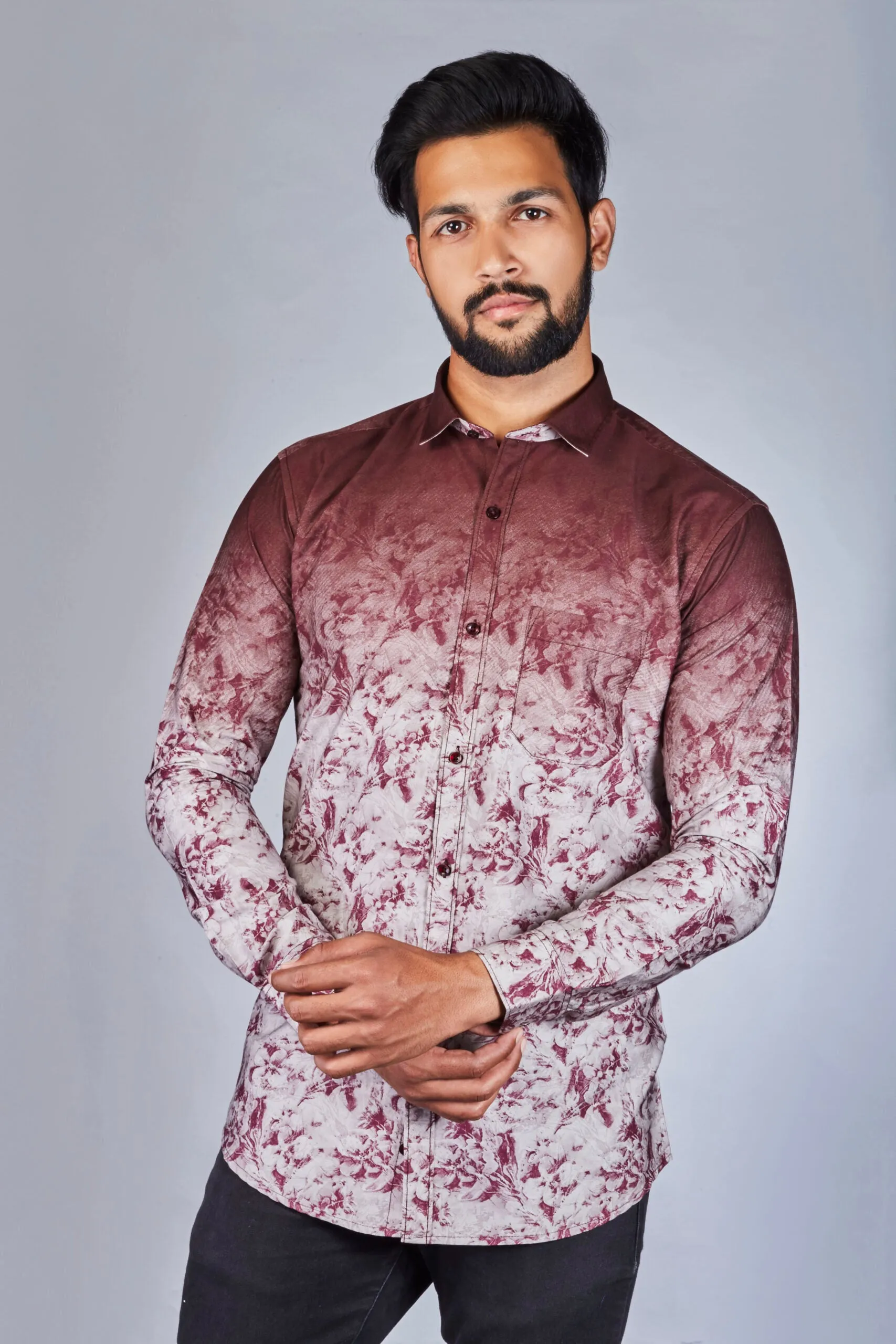 Printed Shirts for Men - Men Printed Spread Cotton Shirt Mahroon