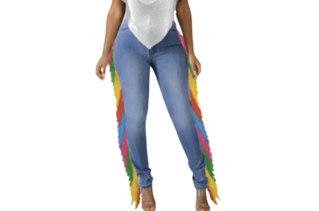 RAINBOW HIGH WAIST FRINGED SLIM DENIM JEANS