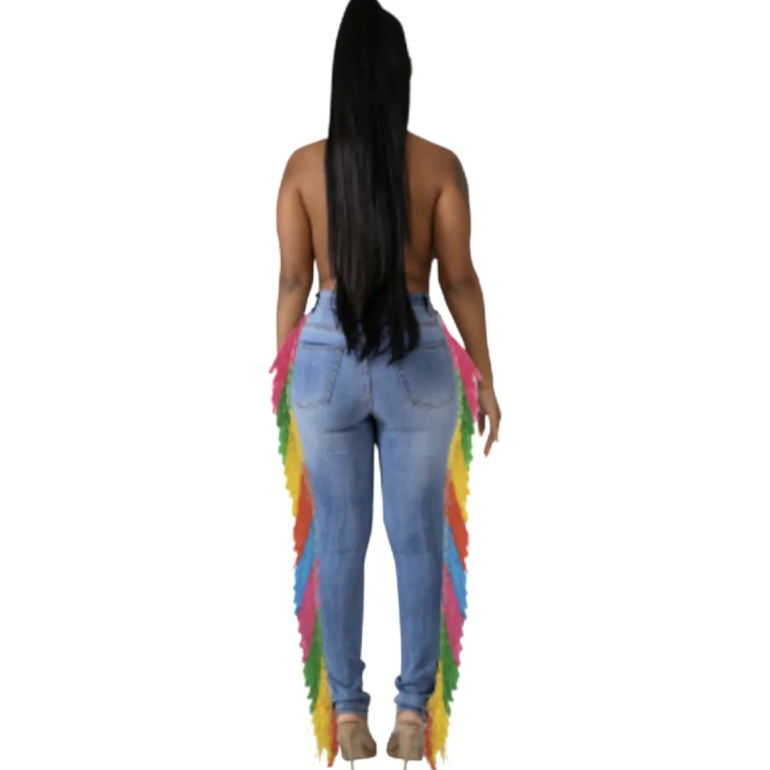 RAINBOW HIGH WAIST FRINGED SLIM DENIM JEANS