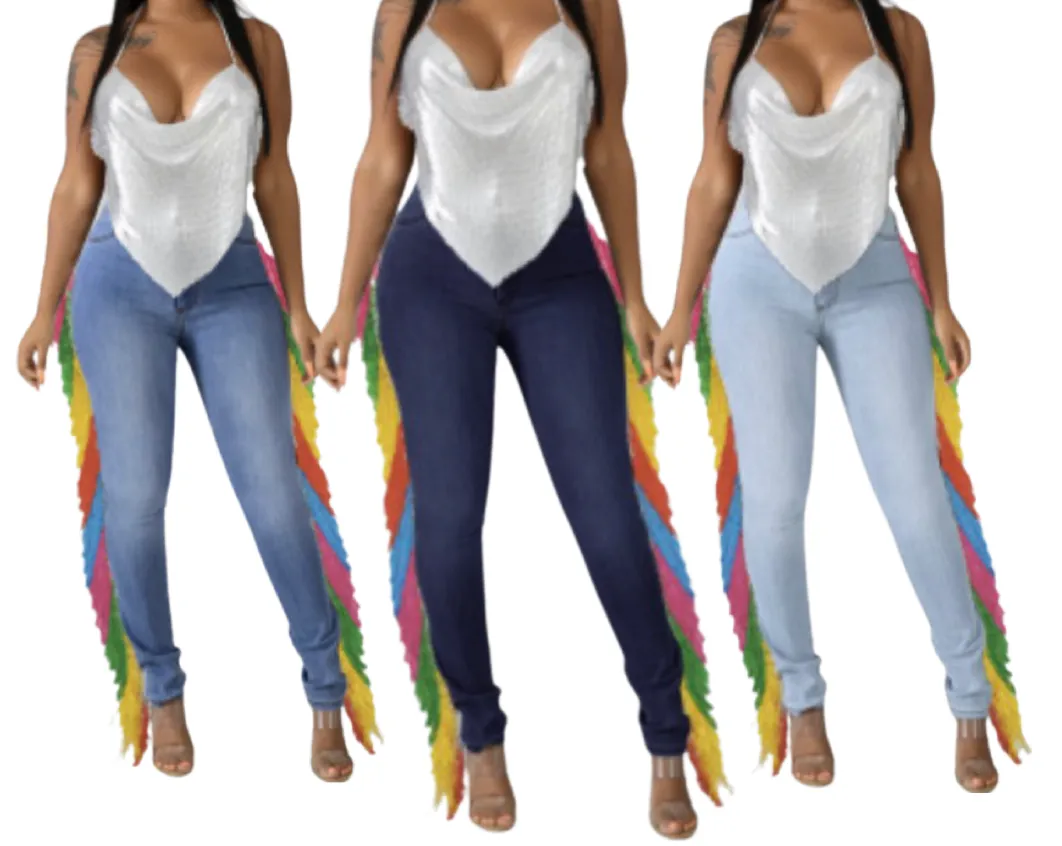 RAINBOW HIGH WAIST FRINGED SLIM DENIM JEANS