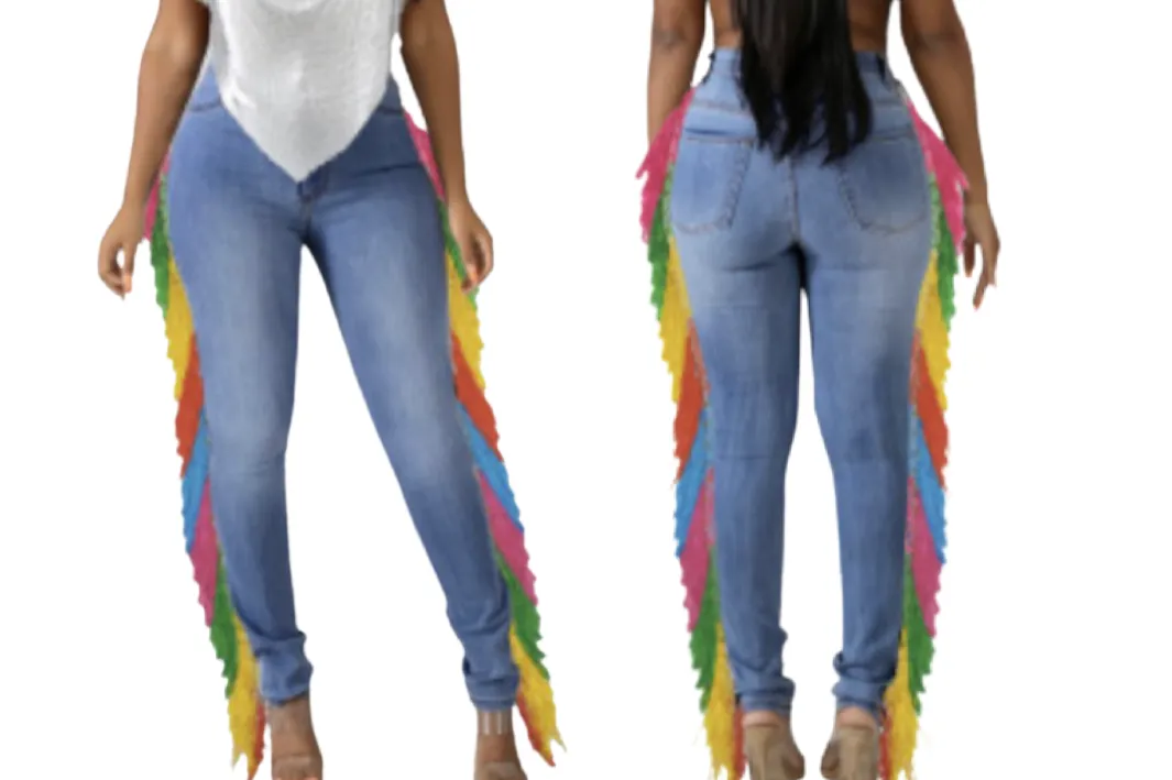 RAINBOW HIGH WAIST FRINGED SLIM DENIM JEANS