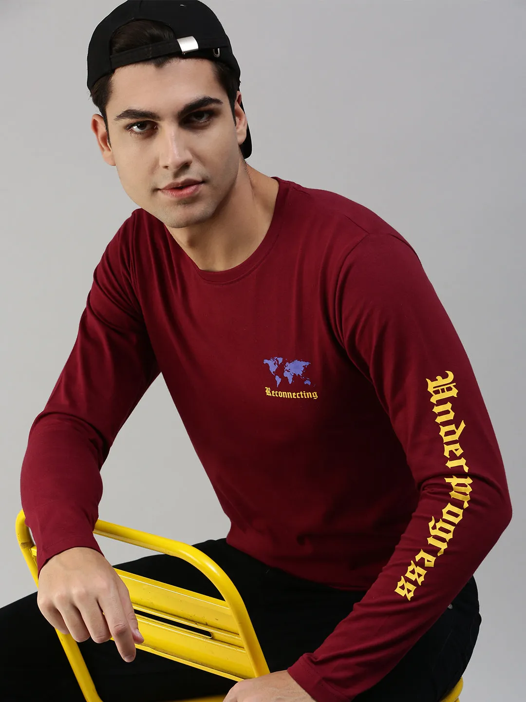 RECONNECTING Maroon Printed Full Sleeve T-Shirt