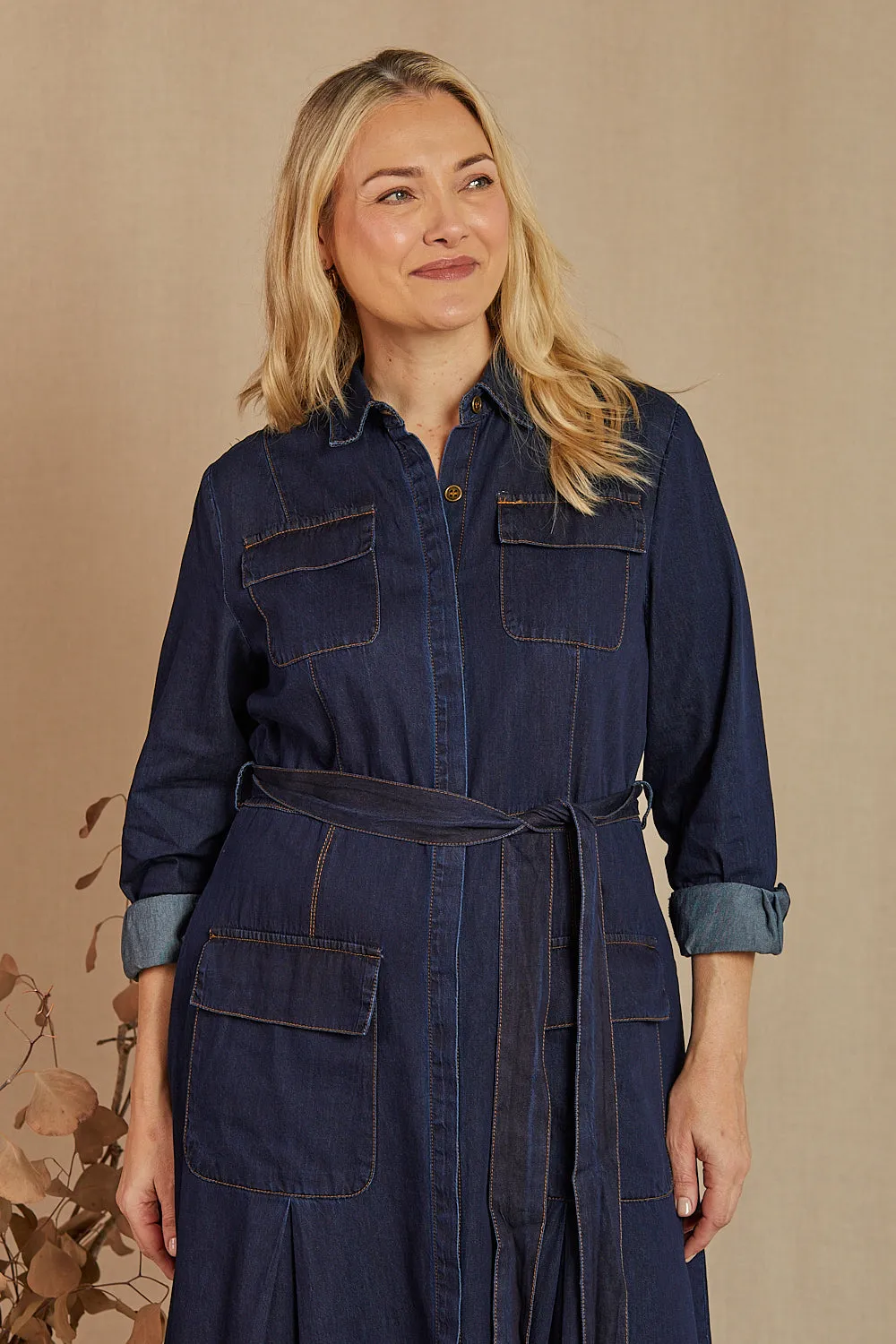 River Chambray Pocket Dress in Dark Wash