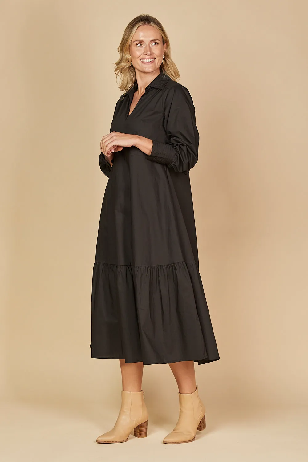 Sabre V-Neck Poplin Dress in Black